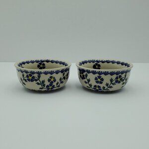 Polish Pottery Blue Floral Vines Bowls Blue Daisies Forget Me Not Flowers Bowls